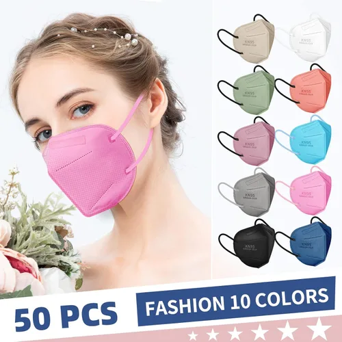 Vista 4 de FENFEN Mascarillas KN95 para adultos, paquete de 50 mascarillas KN95 desechables de 10 colores, 5 capas transpirables envueltas individualmente