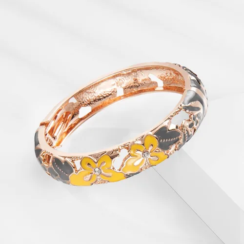 Vista 2 de UJOY Pulsera Cloisonne multicolor para mujer, chapada en oro, con flores, esmaltada, esmaltada, con bisagras, regalo de joyería 88A10