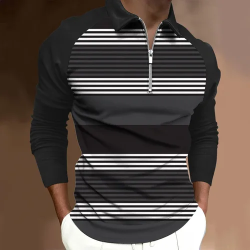 Vista 2 de Camisetas para hombre Causal Rayas Manga Larga Ajuste Musculoso Media Cremallera Camisa Deportes al Aire Libre Moda Camisetas Camisetas Camisetas
