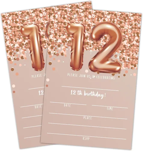 Vista 9 de Tarjetas de invitación de cumpleaños número 10, invitaciones de fiesta de cumpleaños número 10 con purpurina de oro rosa, suministros de decoración
