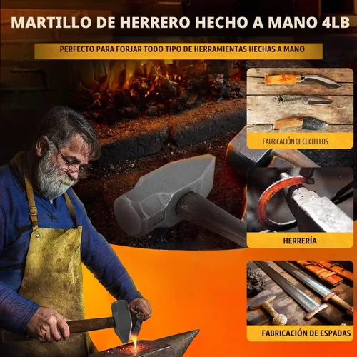 Vista 2 de Martillo de forja hecho a mano de 4 libras para herrador, fabricante de cuchillos, herramienta de forja de herrero