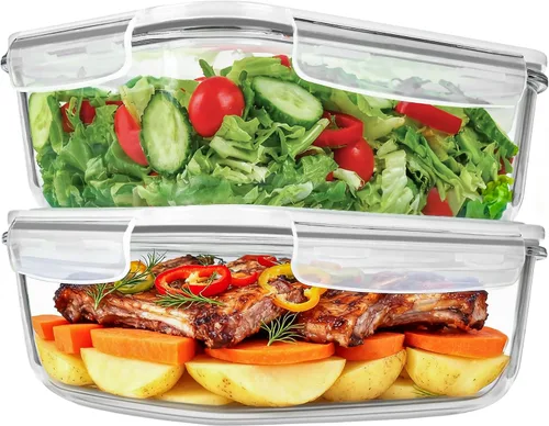 Vista 8 de Paquete de 2 recipientes grandes de vidrio de 78 onzas / 9.8 tazas con tapas, recipientes de preparación de comidas para hornear, servir, recipiente