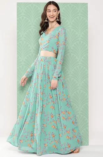 Vista 4 de Janasya Mujer Sky Blue Georgette Digital Floral Impreso Lehenga Choli Con Dupatta
