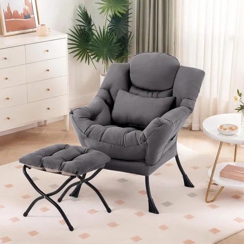 Vista 11 de Furlide Silla Perezosa con Otomana, Cómoda Silla de Salón con Brazos de Tela Acentuada con Almohada Lumbar y Reposapiés Plegable, Silla Sofá de Beige