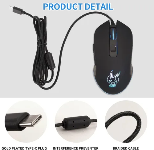 Vista 6 de IULONEE Ratón óptico con cable USB tipo C, silencioso para computadora, mouse óptico para juegos, ergonómico, 7 retroiluminación LED, 2400 DPI, 6