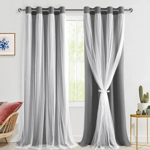 Vista 21 de Hiasan Cortinas opacas con superposición transparente, aislamiento térmico para mezclar y combinar de doble capa, cortinas de oscurecimiento de Beige