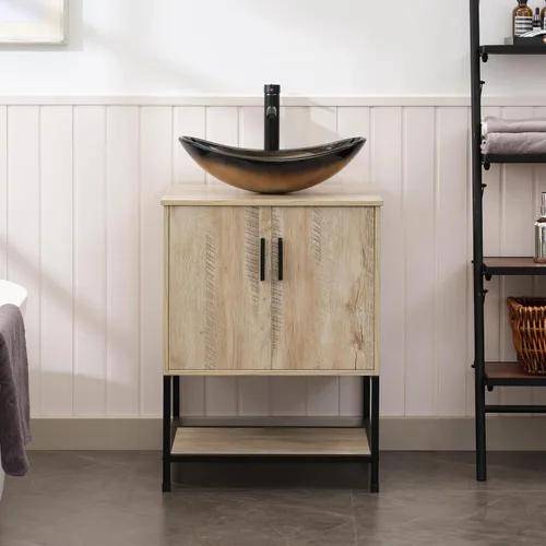 Vista 22 de UEV Juego de tocador de baño antiguo de 24 pulgadas, color marrón oscuro con lavabo, armario de baño de madera de hierro con grifo de temperatura