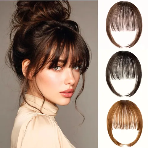 Vista 18 de VAVANGA Flequillo francés con clip - Flequillo natural largo y ondulado en negro jet con templos - Pinza de cabello ordenada para mujer (#1)