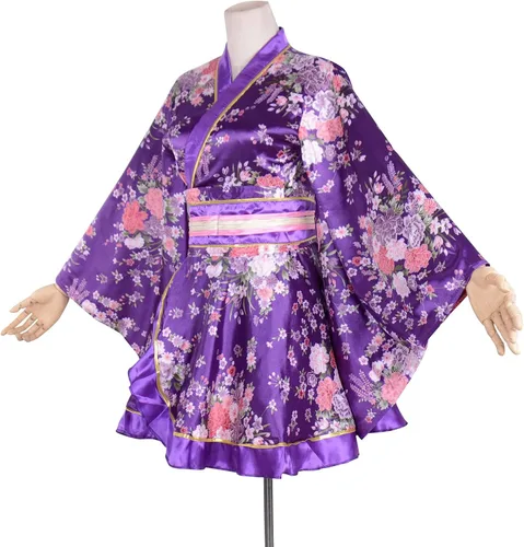 Vista 3 de Wraith of East Kimono Disfraz adulto japonés Geisha Yukata Floral Patten vestido de flor albornoz ropa de dormir con cinturón Obi