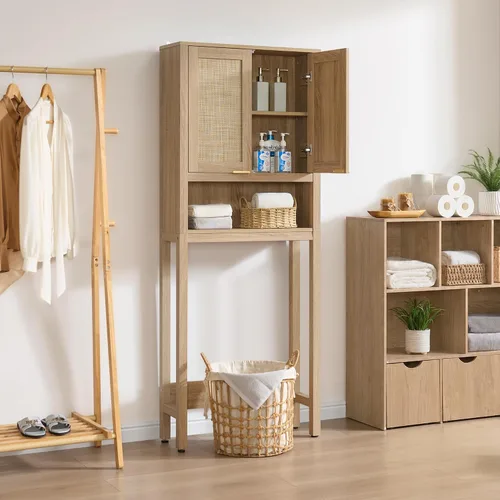 Vista 8 de SICOTAS Over the Toilet Storage Cabinet, Rattan Door Bathroom Organizer Roble claro recuperado