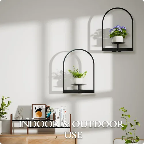 Vista 6 de Soporte para plantas de pared de metal negro, paquete de 2 soportes para plantas montados en la pared y soportes colgantes para macetas