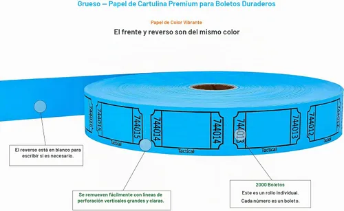 Vista 2 de Tacticai 2000 boletos para rifas en blanco, rollo individual, azul