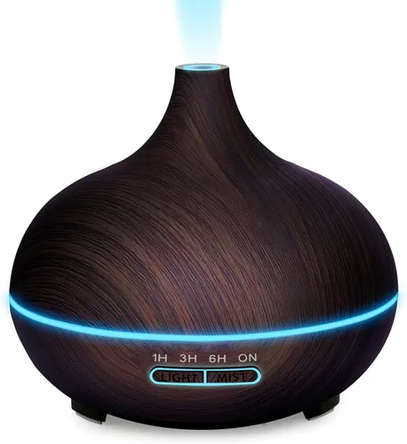 Vista 9 de Difusor de aceite esencial aromático, 16.9 fl oz de grano de madera, humidificador ultrasónico silencioso de niebla fría con luces LED de color que