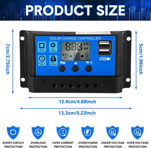 Vista 2 de Controlador de batería solar de 12 V/24 V, controlador de carga de panel solar de tierra, regulador de control de panel solar con pantalla LCD