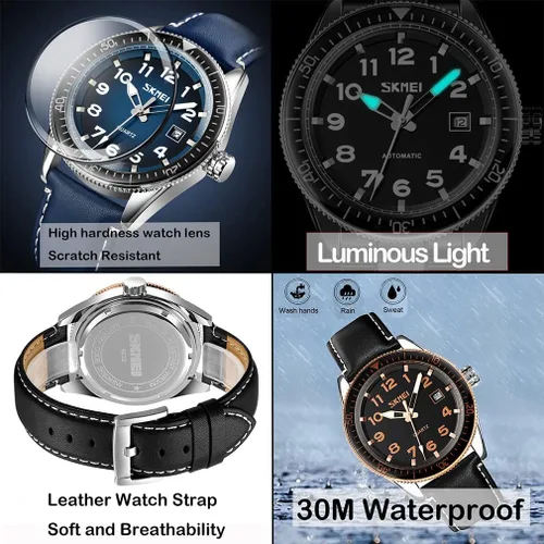 Vista 4 de SKMEI Men Watches Black Leather Band Sports Large Big Face Luxury Waterproof Luminous Fashion Dress Casual Analog Quartz Chronograph Father Gifts