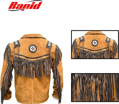 Vista 4 de Chaqueta de cuero vaquero occidental para hombre con flecos de ante nativo americano con cuentas de cuero tradicional - marrón tostado