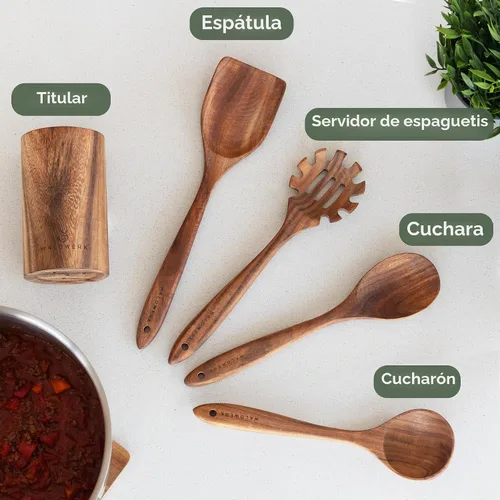 Vista 4 de WALDWERK Cucharas de madera para cocinar, juego de utensilios de cocina de 4 piezas con cucharas de madera de teca, espátula, servidor de pasta