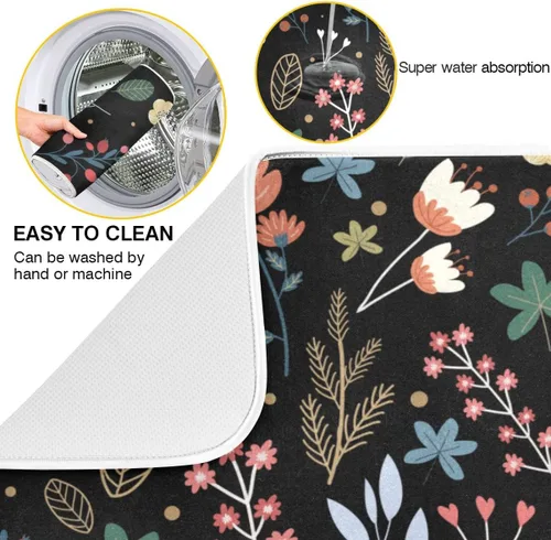 Vista 2 de Tapete de secado de platos de flores de fondo negro para encimera de cocina de 18 x 24 pulgadas, tapete de microfibra absorbente, tapete de secado