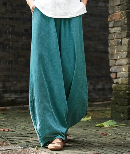 Vista 2 de Iximo Pantalones de lino y algodón, holgados, para mujer, con cintura elástica y ajuste relajado, informales, estilo harén