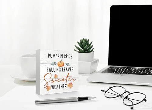 Vista 5 de Mtrgdn Decoraciones de otoño para el hogar, diseño rústico de calabaza con hojas que caen y hojas que caen, letrero de caja de madera, decoración