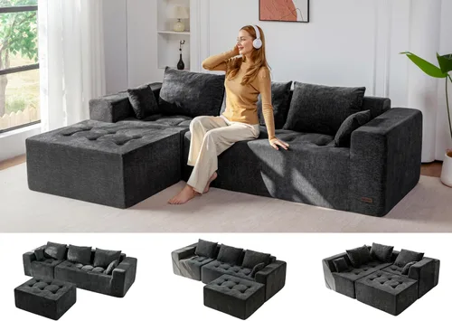 Vista 12 de MAXYOYO - Sofá modular modular en forma de L, sofá de nube sin hueso con otomana flexible, tapizado de felpilla para sala de estar, no requiere Negro