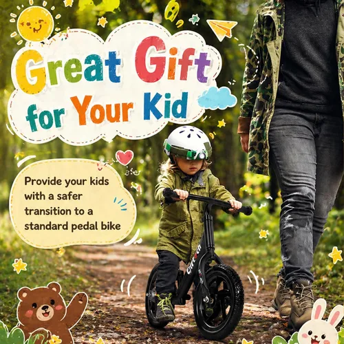 Vista 6 de Birtech Bicicleta de equilibrio para niños de 2, 3, 4, 5 años, bicicleta de equilibrio para niños de 12 pulgadas, juguetes para interiores y Negro
