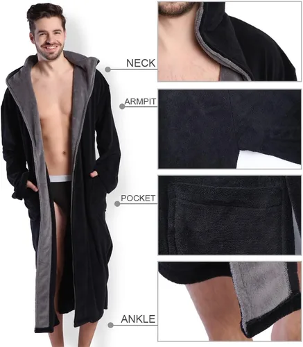 Vista 4 de KEMUSI Bata de baño con capucha para hombre, suave y de longitud completa, cómodo camisón cálido de longitud completa