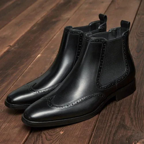 Vista 2 de FRASOICUS Botas Chelsea para hombre, botas de vestir de cuero genuino para hombre