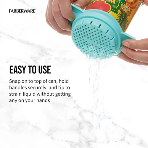 Vista 3 de Farberware Colador y colador de latas clásico, Aqua Sky, colador de tapa a presión para atún, verduras enlatadas, pasta, frutas, se adapta a latas