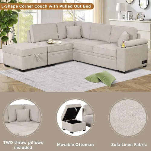 Vista 4 de Sofá cama modular con almacenamiento otomano, sofá cama extraíble con carga USB y portavasos, en forma de L, cómodos sofás para sala de estar, sofá