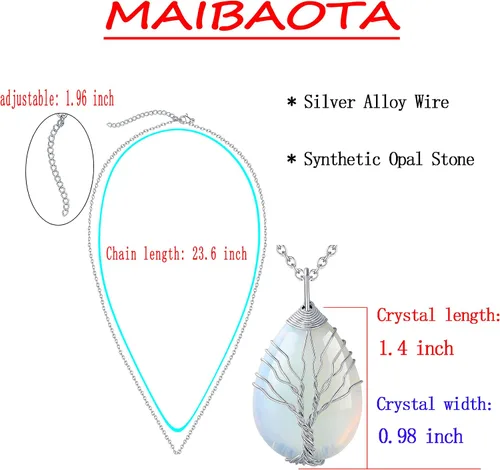 Vista 4 de MAIBAOTA Healing Crystal Stone Necklace Life of Wire Wrapped Teardrop Crystals Pendant Necklaces Natural Reiki Quartz Gemstone Jewelry for Women