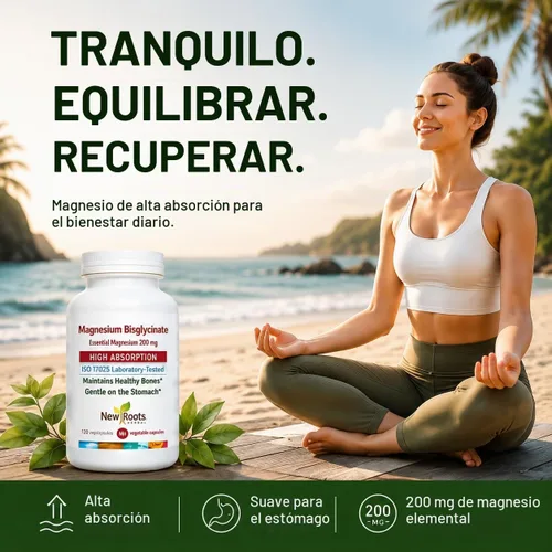 Vista 2 de New Roots Herbal Bisglicinato de magnesio, 120 cápsulas de suministro para 120 días, 200 mg de magnesio elemental para dormir, corazón, función