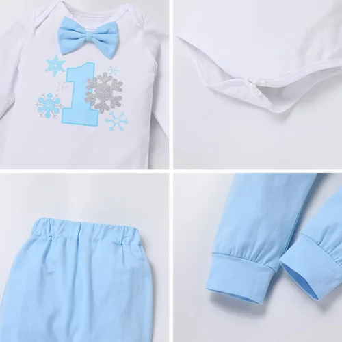 Vista 25 de IBTOM CASTLE Traje de invierno para bebé niño con copos de nieve para primer cumpleaños, mameluco con estampado de pastel y pantalones largos