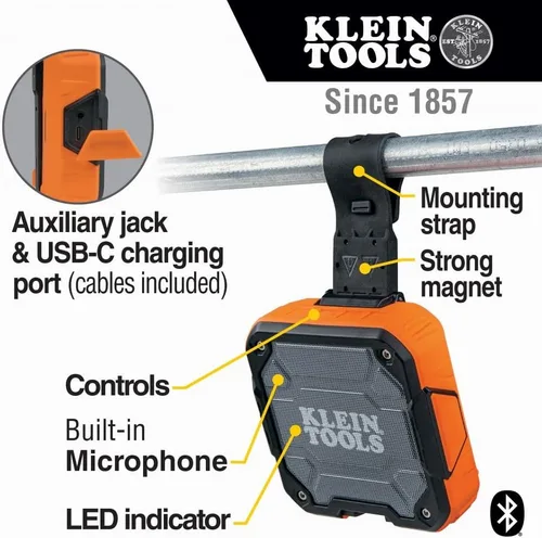 Vista 2 de KLEIN TOOLS AEPJS2 - Altavoz Bluetooth con tira magnética y gancho, recargable, inalámbrico y compatible con Aux, manos libres, tiempo