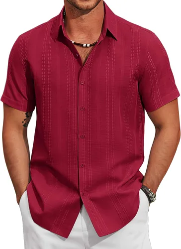 Vista 7 de COOFANDY Camisas casuales con botones para hombre, de manga corta, para verano, playa, texturizadas