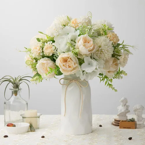 Vista 2 de LESING Peonía artificial con florero, ramos de flores de seda, hortensias falsas a granel para el hogar, centros de mesa, decoración de boda