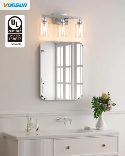 Vista 2 de VOLISUN Accesorios de iluminación de baño de níquel cepillado, 3 luces de cambiador de baño sobre espejo, luces de cambiador modernas para baños