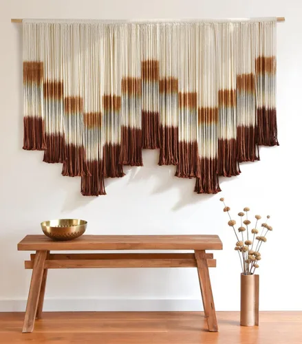 Vista 12 de macramé para colgar en la pared, teñido de inmersión, puesta de sol, decoración de pared, arte de fibra de 57 pulgadas de ancho x 35