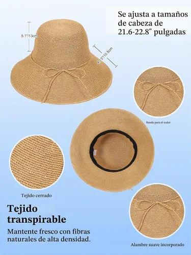 Vista 2 de Sombrero de paja para mujer, ala ancha, plegable, protección UV, gorra de verano para playa, UPF 50+ Caqui