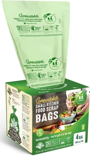 Vista 10 de Bolsas de basura compostables UNNI, 2.6 galones / 9.84 litros, 100 unidades, extra gruesas de 0.71 mil, forros para contenedores pequeños de restos