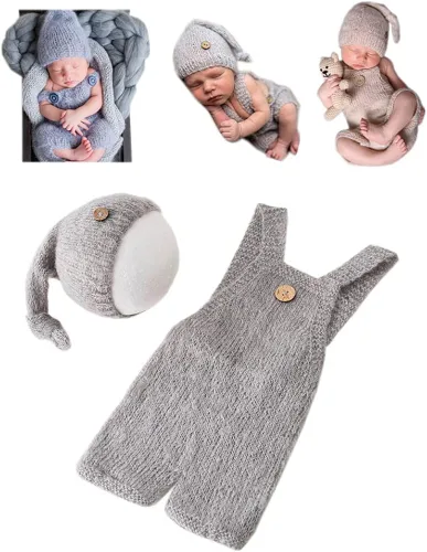 Vista 3 de Vemonllas Lindo disfraz de bebé recién nacido para niños y niñas, accesorios de fotografía, sombrero y pantalones