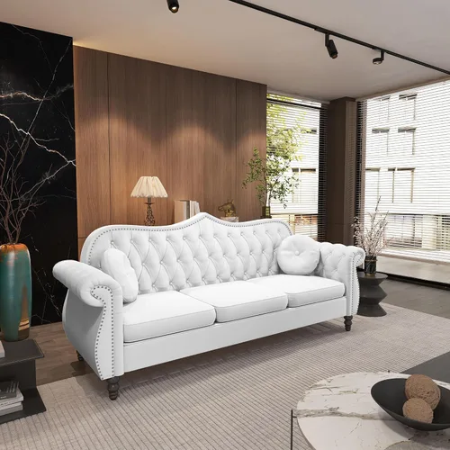 Vista 5 de AVZEAR Chesterfield - Juego de sofás seccional de 2 piezas para sala de estar, sofá tapizado en terciopelo moderno de mediados de siglo, sofá Blanco