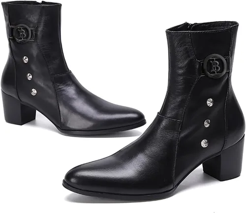 Vista 7 de Santimon Botas de vestir para hombre, estilo casual, de cuero auténtico, botas Chelsea de moda, botas vaqueras occidentales, para baile de Negro