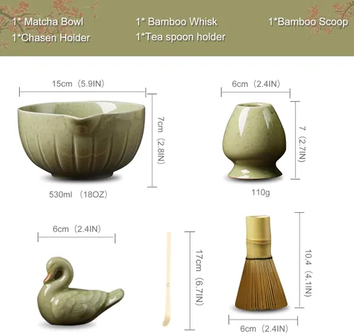 Vista 4 de Juego de batidor de matcha, juego de té japonés de 5 piezas, incluye cuenco de matcha con boquilla, batidor de bambú con soporte de cerámica