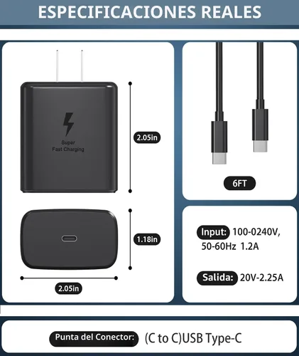 Vista 5 de Cargador súper rápido USB C de 45 W, cargador de teléfono Android de carga rápida de 45 W, compatible con Samsung Galaxy S25 Negro-6ft-1pack