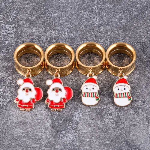 Vista 6 de PUNKYOUTH Christmas Style Gold Dangle Ear Gauges Double Flared Plugs Tunnels Stainless Steel Screw Back Earrings Santa Claus Snowman Gauge 2g to 1