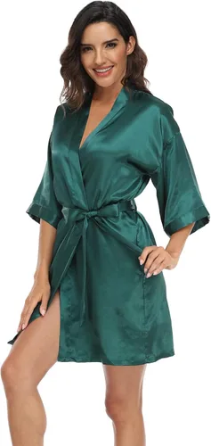 Vista 4 de Bata de satén para mujer, corta, sedosa, para dama de honor, novia, despedida de soltera, ropa para dormir