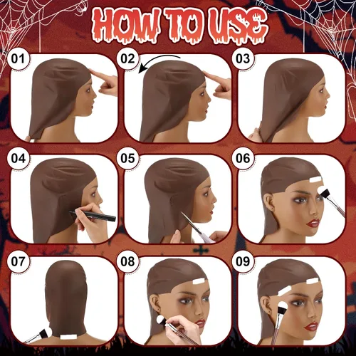 Vista 5 de Syhood 2 piezas de Halloween calva gorra maquillaje látex calvo sombrero cabeza peluca gorras cosplay disfraz para adultos