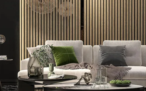 Vista 5 de Paquete de 2 paneles acústicos de pared de madera de 94 x 12.6 pulgadas, listones 3D insonorizados para paredes y techos, elegantes paneles Nogal