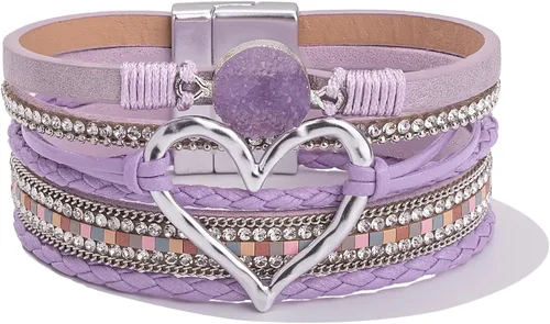 Vista 13 de Pulseras de cuero con corazón grueso, estilo bohemio, apilable, lindo Negro